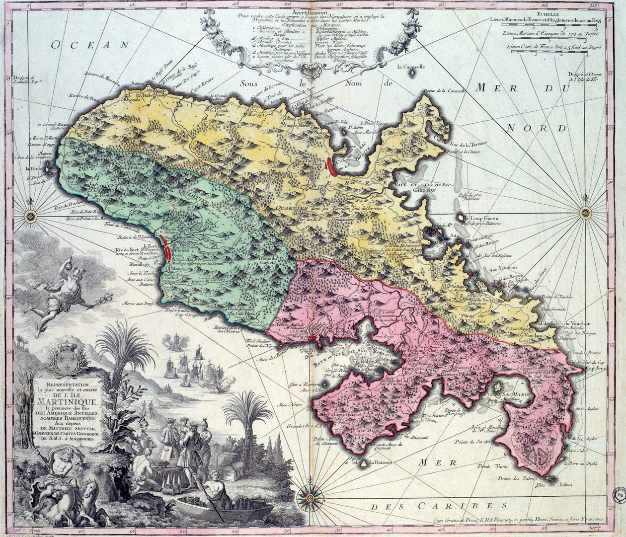 Detaljeret kort over øen Martinique i Vestindien. Gravering af Matthew Seutter (1678-1757) Chartres fra det 18. århundrede, Musee des Beaux Arts af Georg Matthäus Seutter
