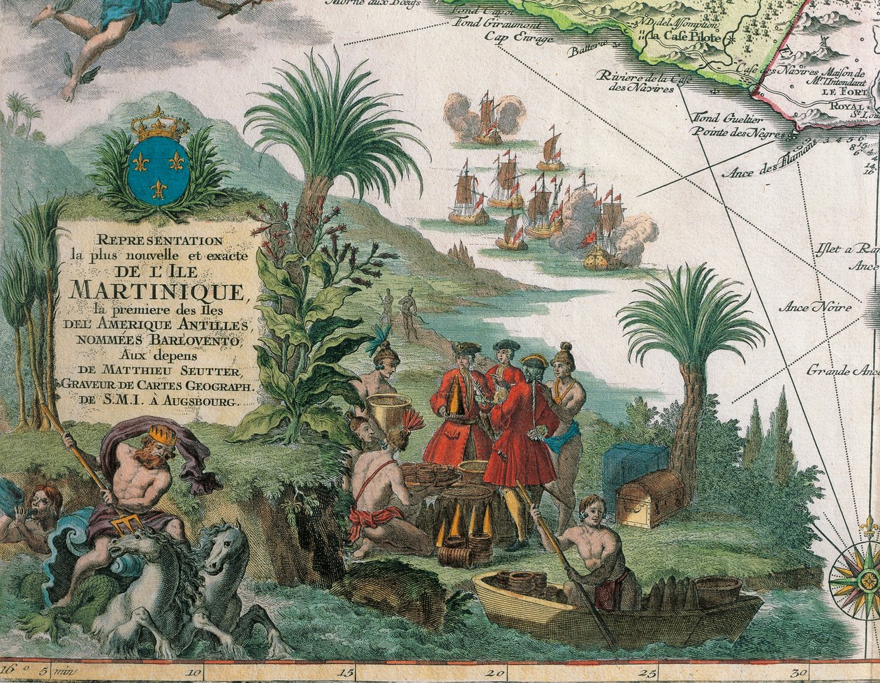 Kort over Martinique lavet af Matthieu Seutter, detaljer: Købmænd og indianer af Georg Matthäus Seutter