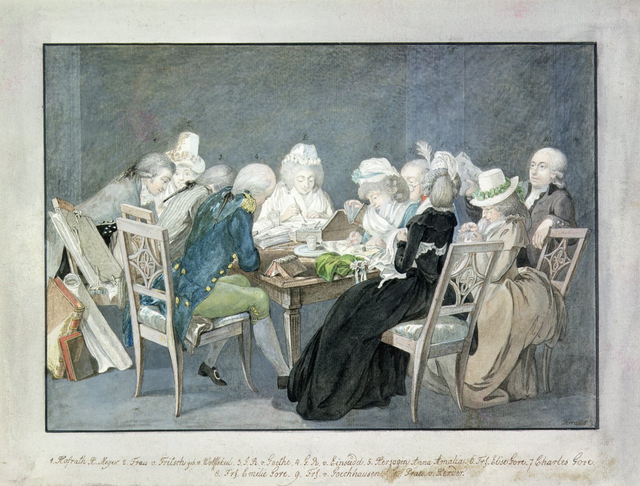 Soirée hos hertuginden Anna Amalia af Sachsen-Weimar, ca. 1795 (akvarel) af Georg Melchior Kraus