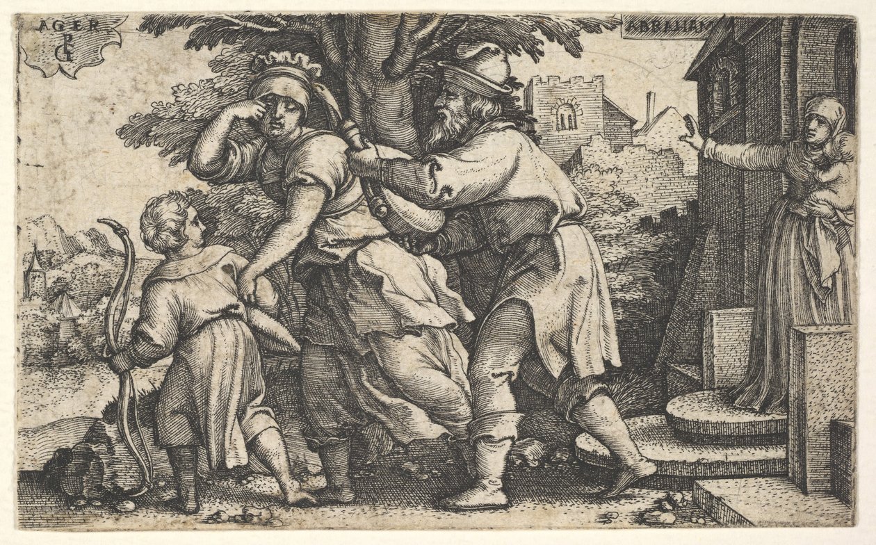 Abraham sender Hagar og Ismael væk: Abraham holder et kar frem som Hagar og Ishm..., ca. 1543. af Georg Pencz