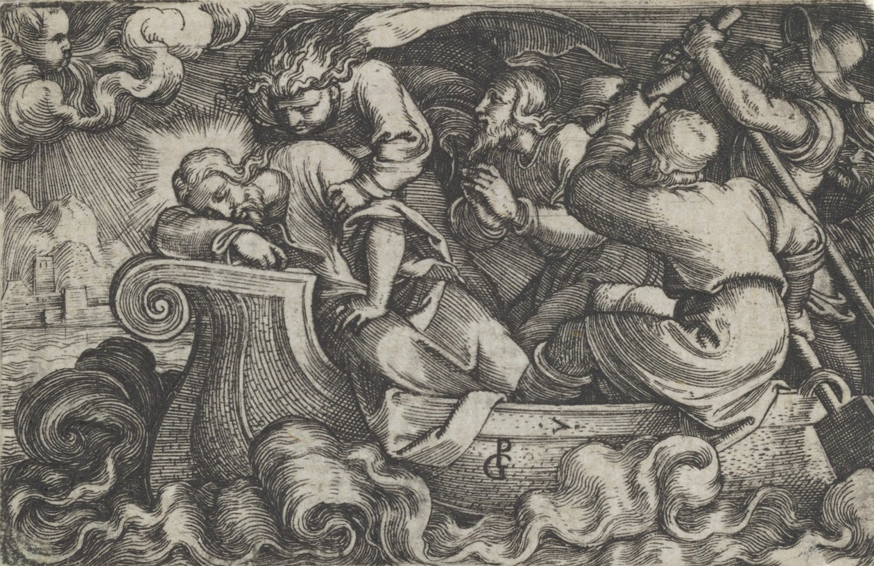 Kristus sover under stormen på Tiberias-søen, fra Historien om Kristus, 1534-35. af Georg Pencz