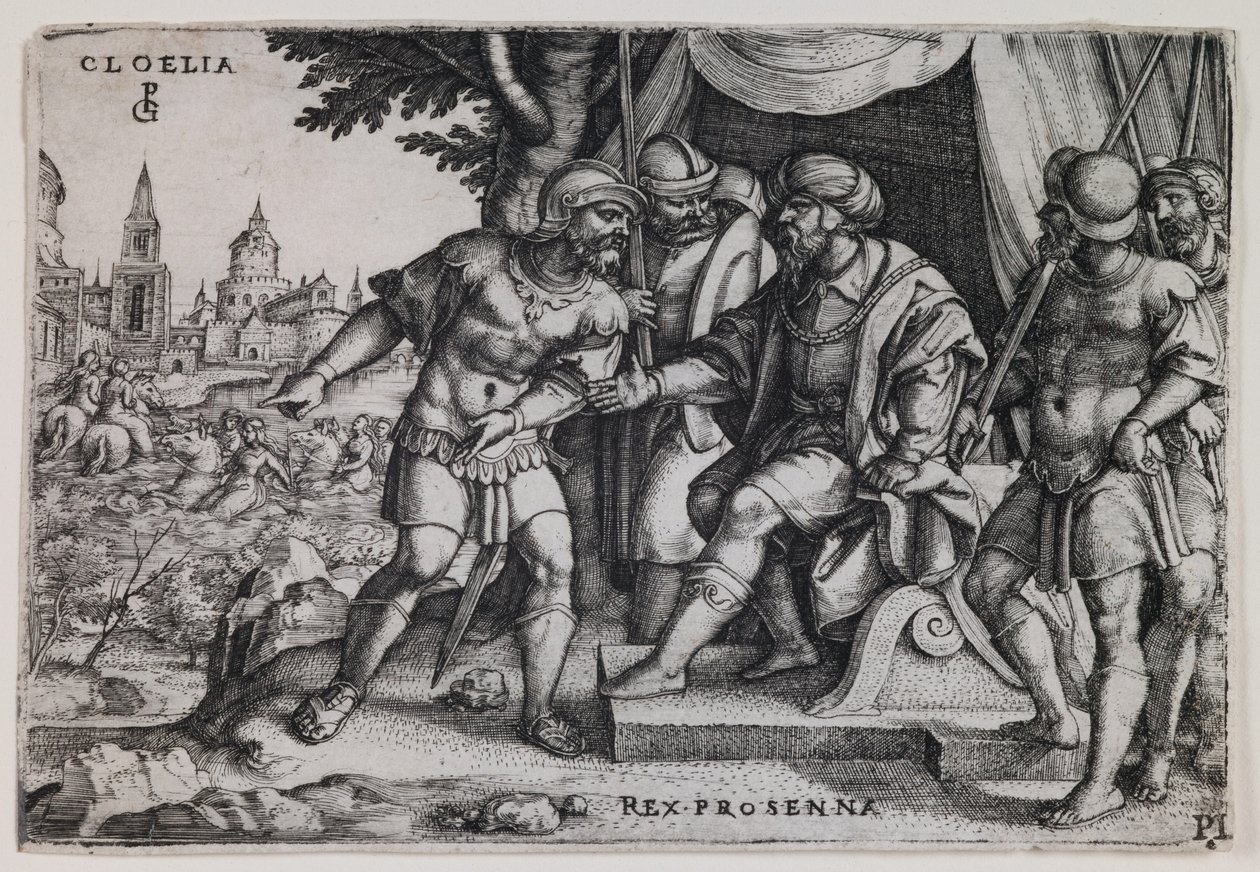 Cloelia og den etruskiske konge Porsenna, ca. 1536-37 (kobberstik) af Georg Pencz