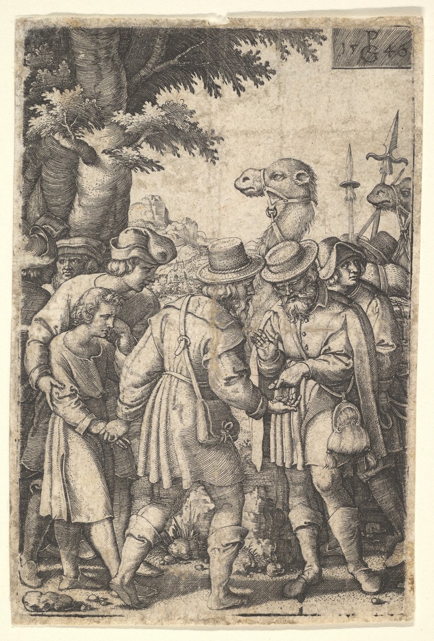 Joseph solgte til købmændene: en skægget mand, der griber Joseph med sin venstre hånd, modtager co..., 1546. af Georg Pencz