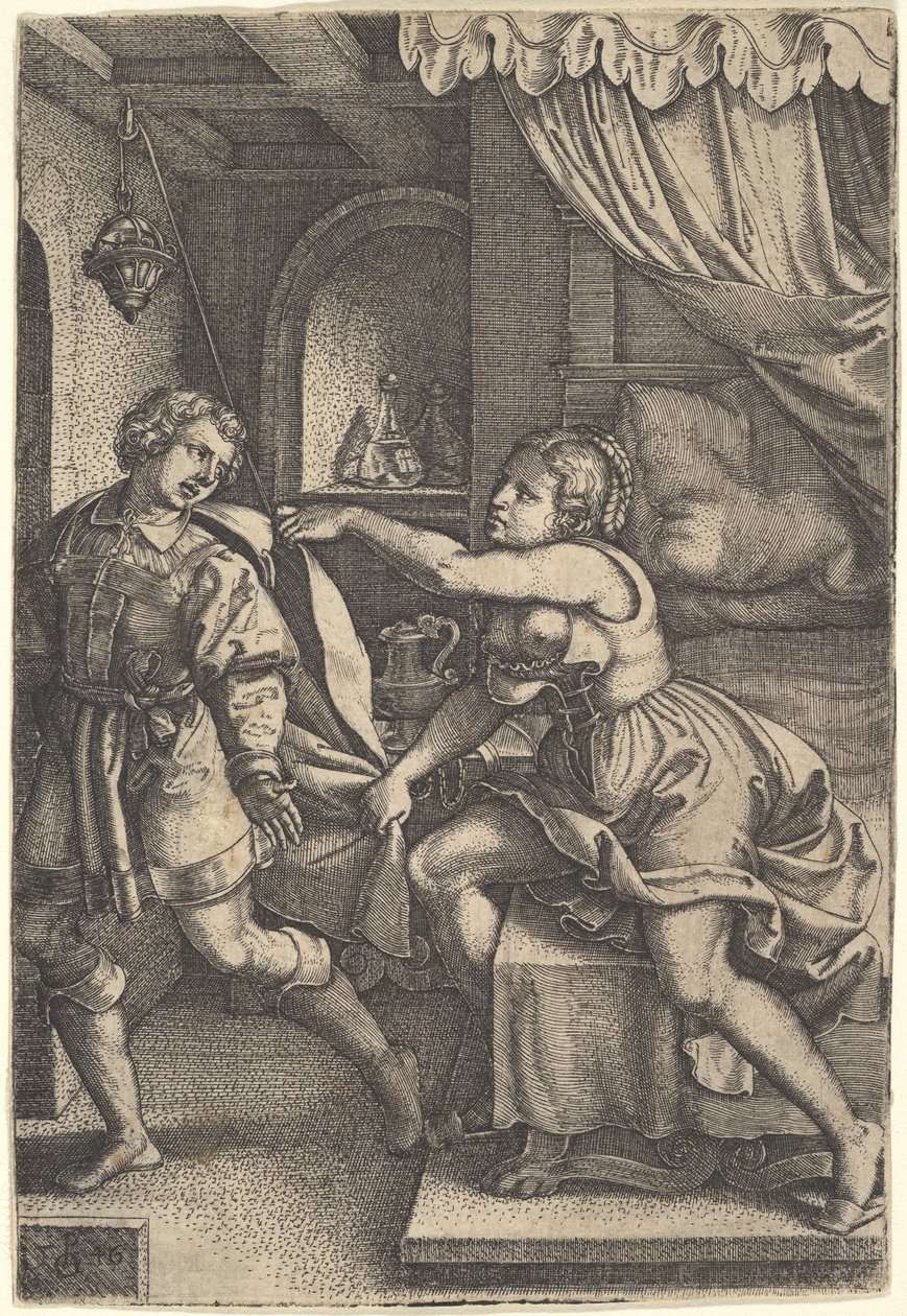 Joseph skrider væk fra Potifars kone, som griber om hans kappe med begge hænder, mens hun st..., 1546. af Georg Pencz