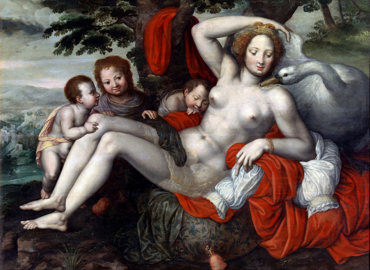 ""Leda and the Swan"" - Leda and the Swan af Pencz, Georg (Jorg) (1500/02-1550), midten af ​​det 16. århundrede. - Olie på træ, 92x126 - Museum of the Meadow, Madrid af Georg Pencz