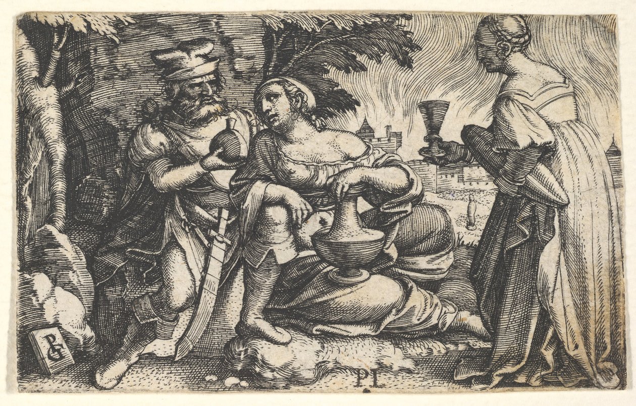 Lot og hans døtre: en datter i midten hviler sin højre arm på Lots knæ og en ve..., ca. 1531. af Georg Pencz