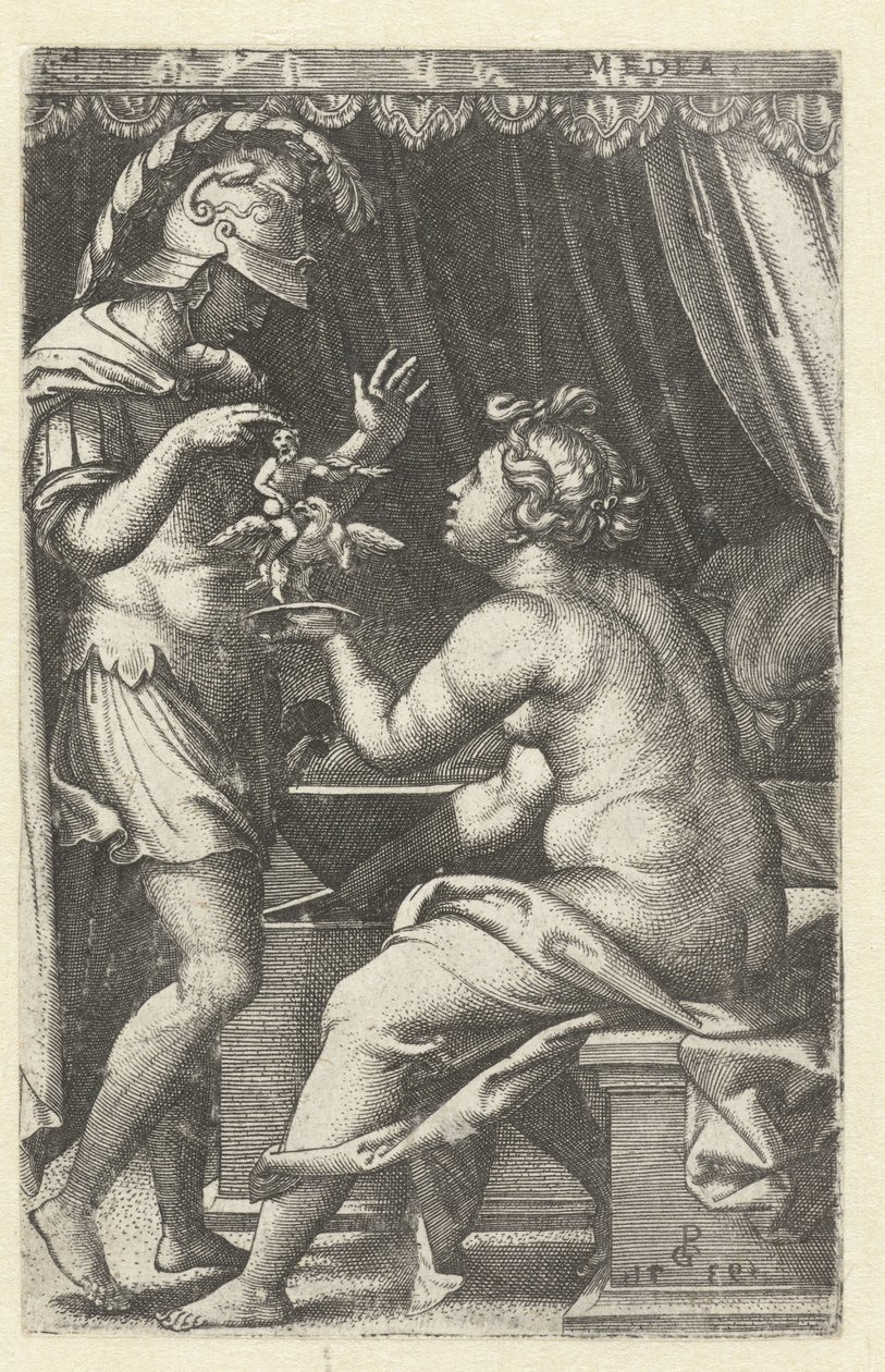 Medea giver Jason billede af Ganymedes med ørn Medea returnerer Penaten til Jason Medea (titel på objekt) Græske heltinder (serietitel) af Georg Pencz