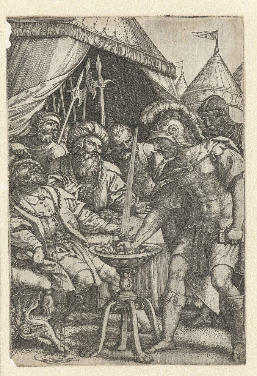 Mucius Scaevola sætter højre hånd i ilden Romerske helte (serietitel) af Georg Pencz