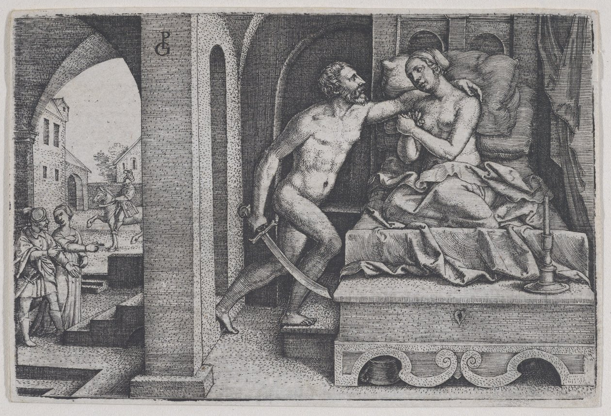 Tarquinius voldtager Lucretia, fra Scener fra romersk historie. af Georg Pencz