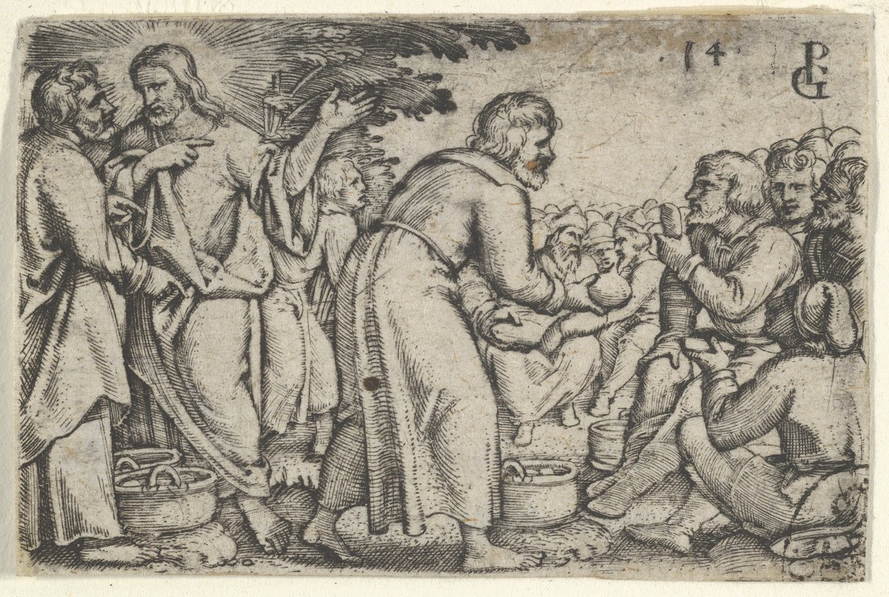 Miraklet med brødene og fiskene, fra Historien om Kristus, 1534-35. af Georg Pencz