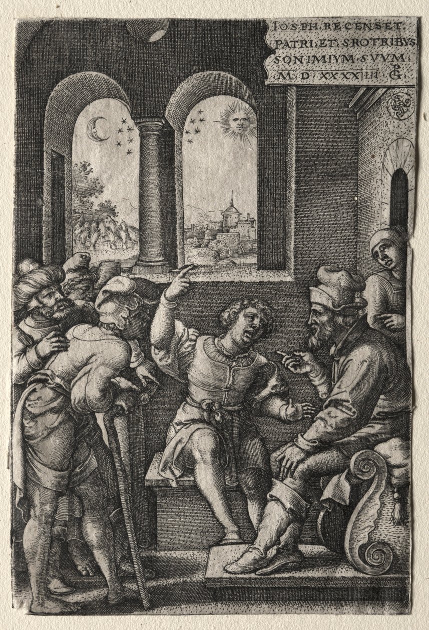 Historien om Joseph: Joseph fortæller om sine drømme til sin far, 1544. af Georg Pencz