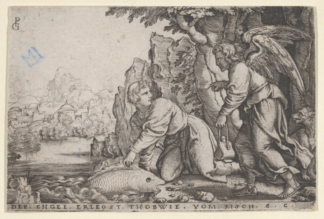 Tobiolus Catches the Fish, fra The Story of Tobias, 1543. af Georg Pencz