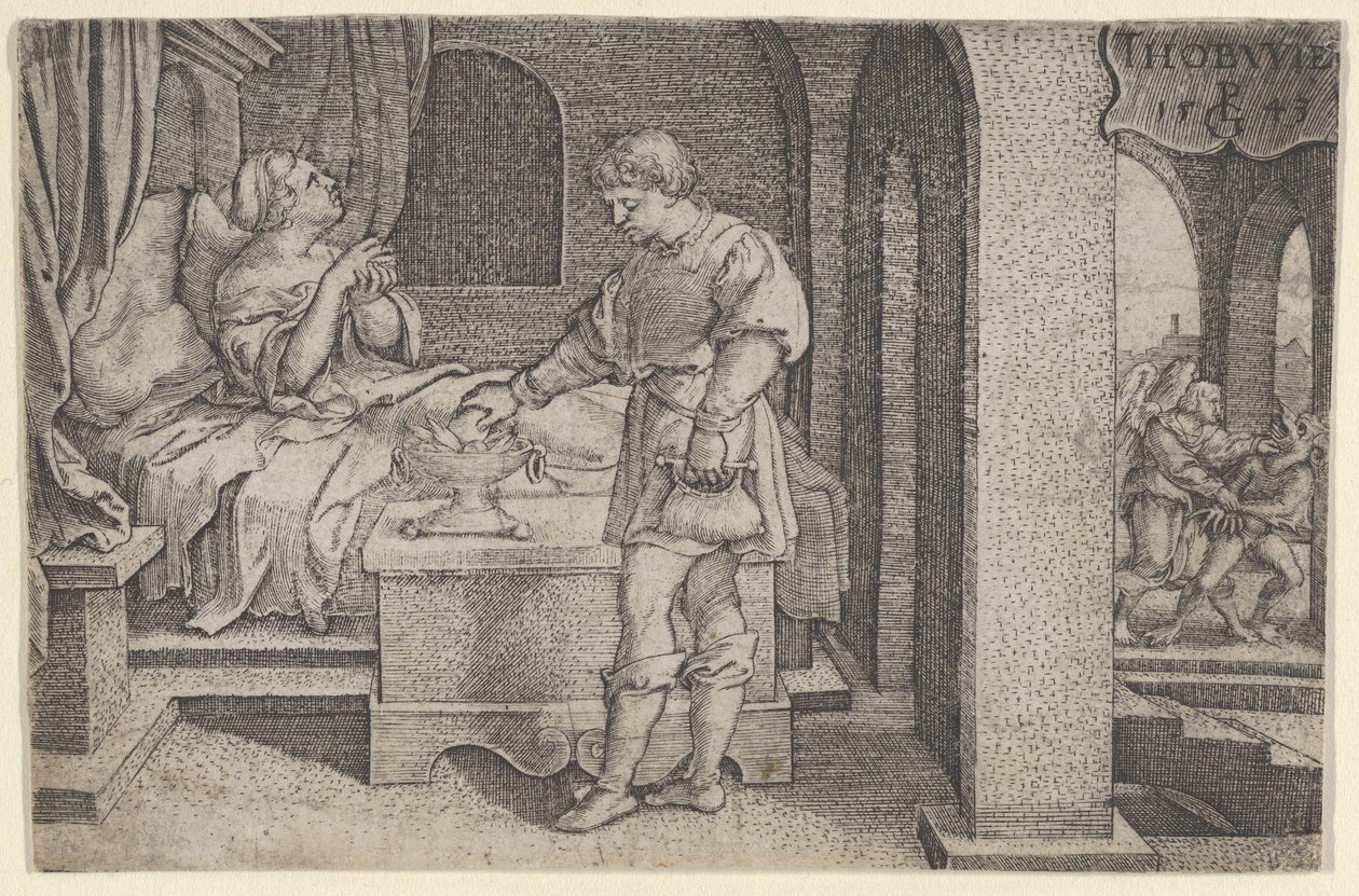 Tobiolus bringer et forsoningsoffer, fra The Story of Tobias, 1543. af Georg Pencz