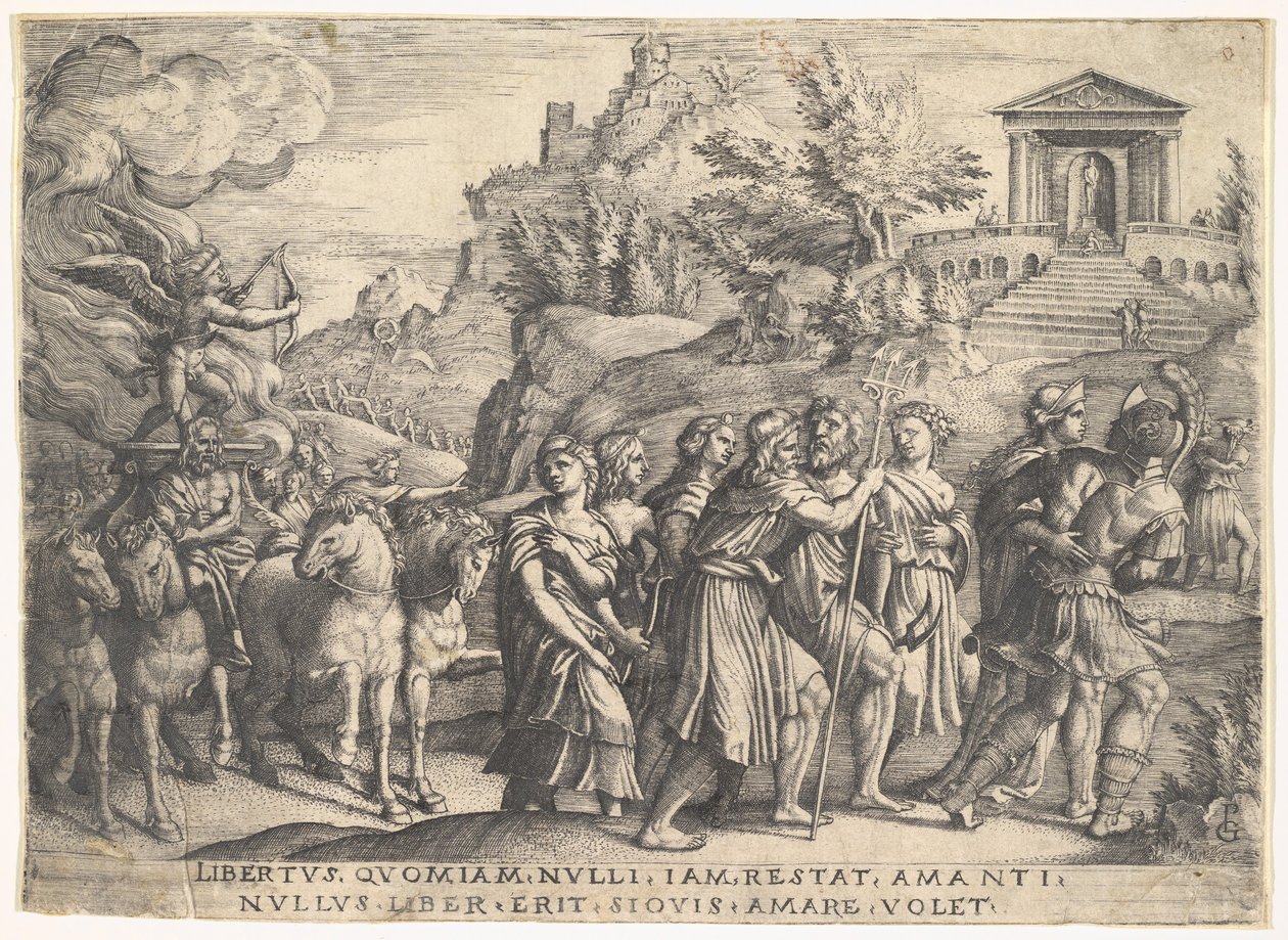 Kærlighedens triumf: fire heste trækker en vogn med Amor stående på en rygende platform..., ca. 1539. af Georg Pencz