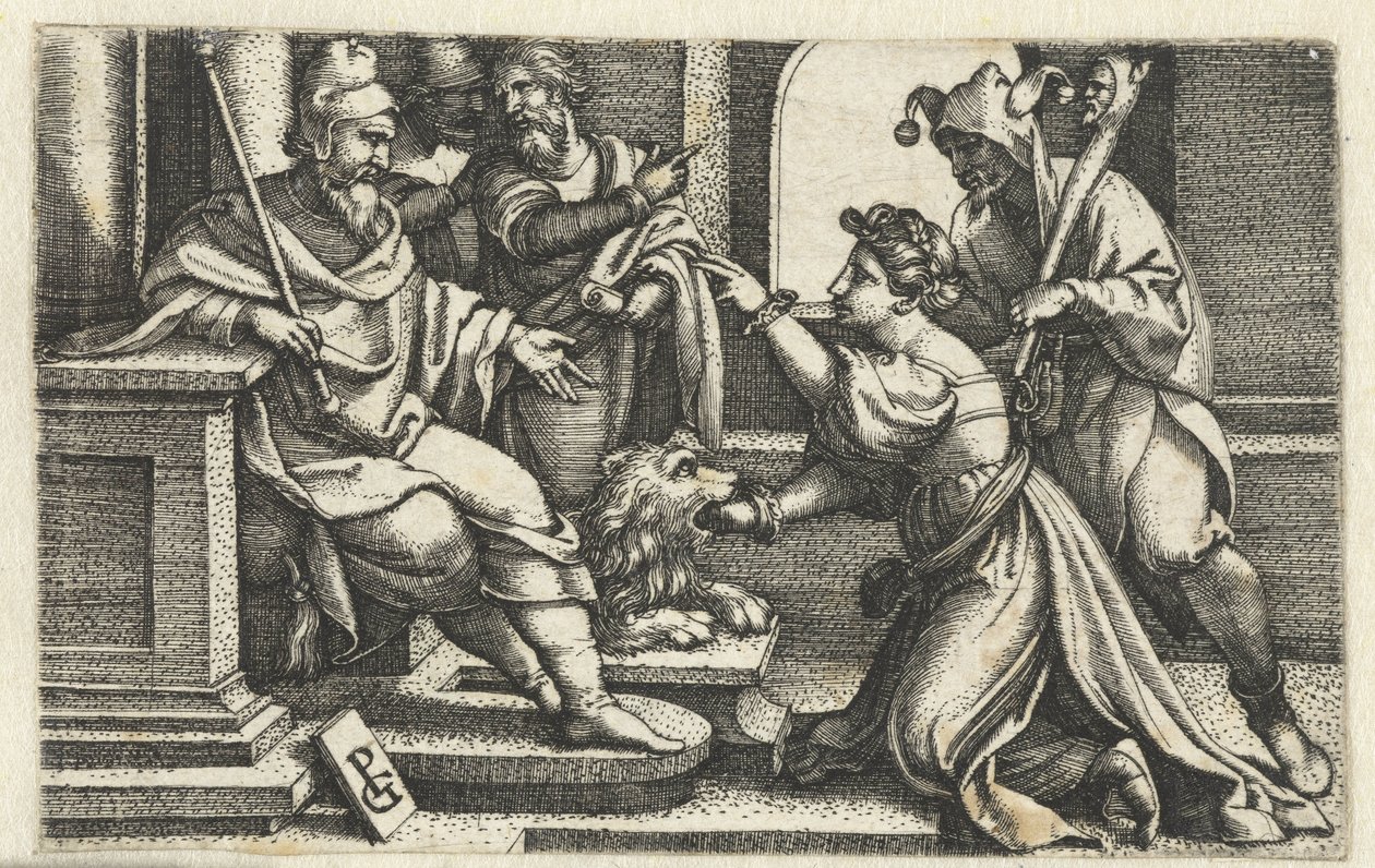 Kvinde erklærer sin uskyld under ed sandhedens mund Bocca della Verita af Georg Pencz