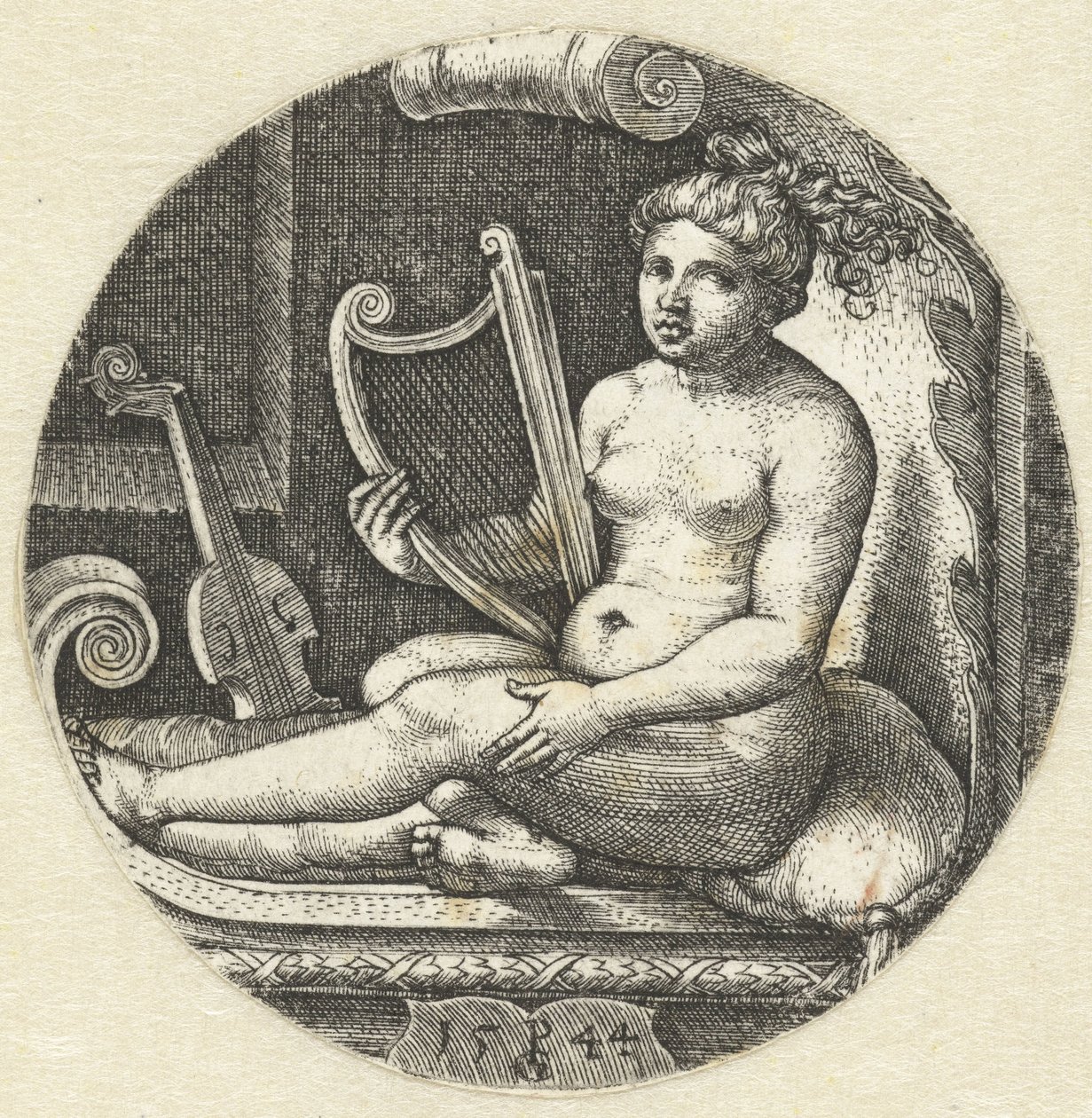 Siddende nøgen kvinde med en harpe harpespiller af Georg Pencz