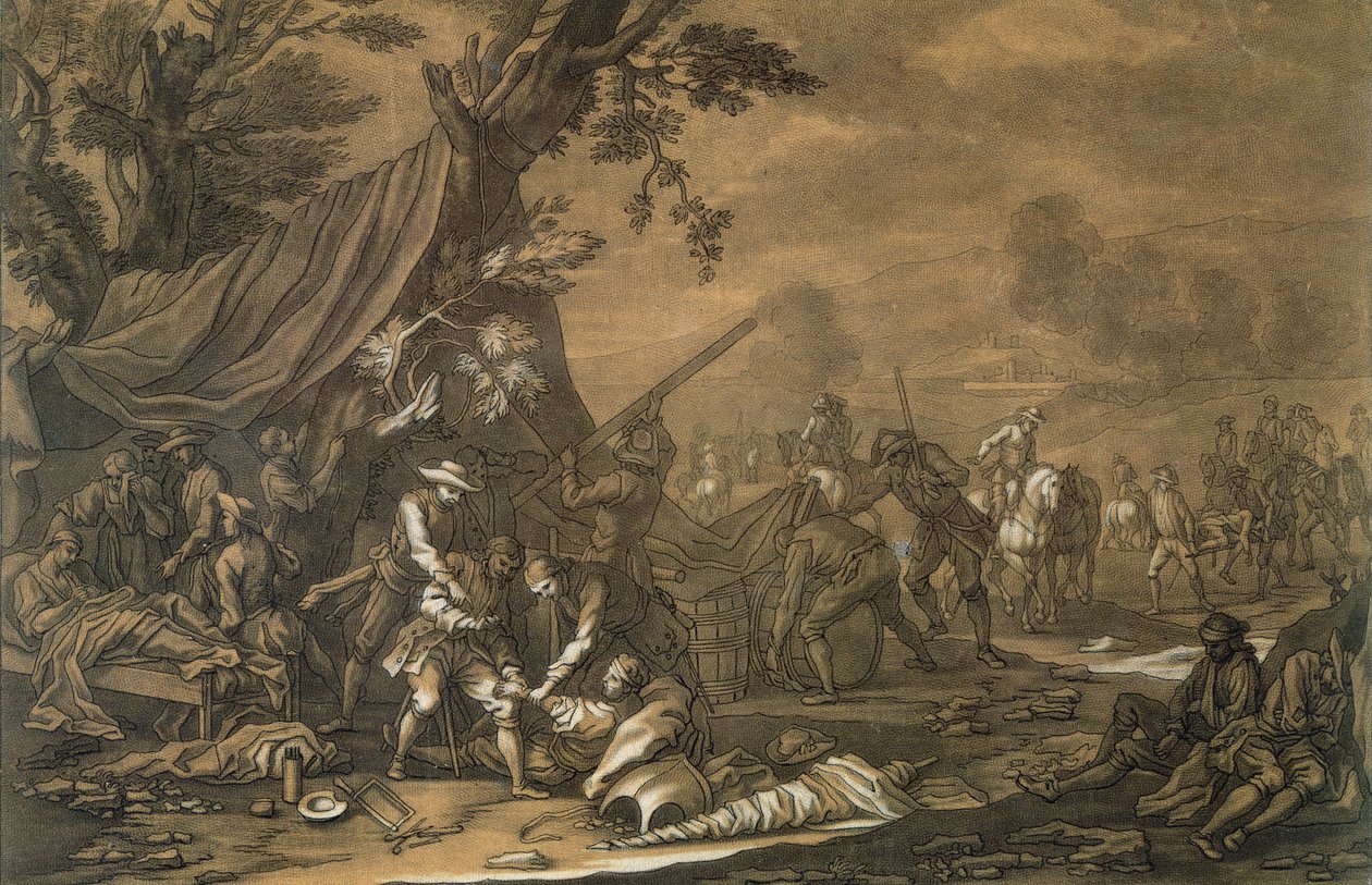 Militærkirurg på slagmarken under den spanske arvefølgekrig, 1707, indgraveret af Christian Rugendas (1708-81) ca. 1740 af Georg Philipp I Rugendas