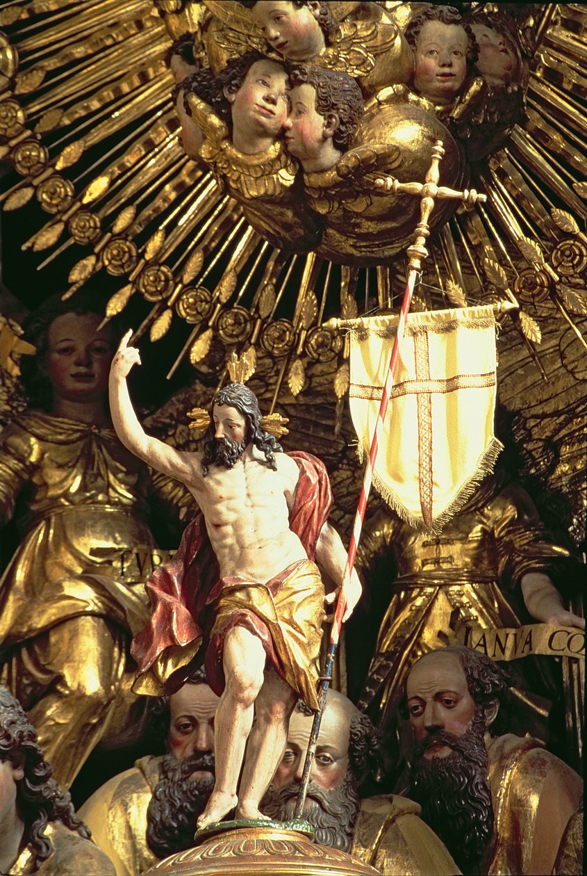 Alteret, detalje af udskæringen af den triumferende Kristus omgivet af engle og helgener foto af Georg Raphael Donner