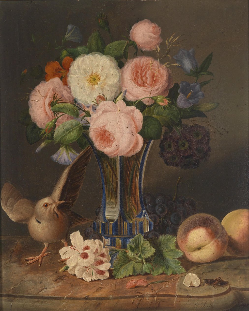 Et blomsterstilleben med en fugl og en græshoppe af Georg Seitz