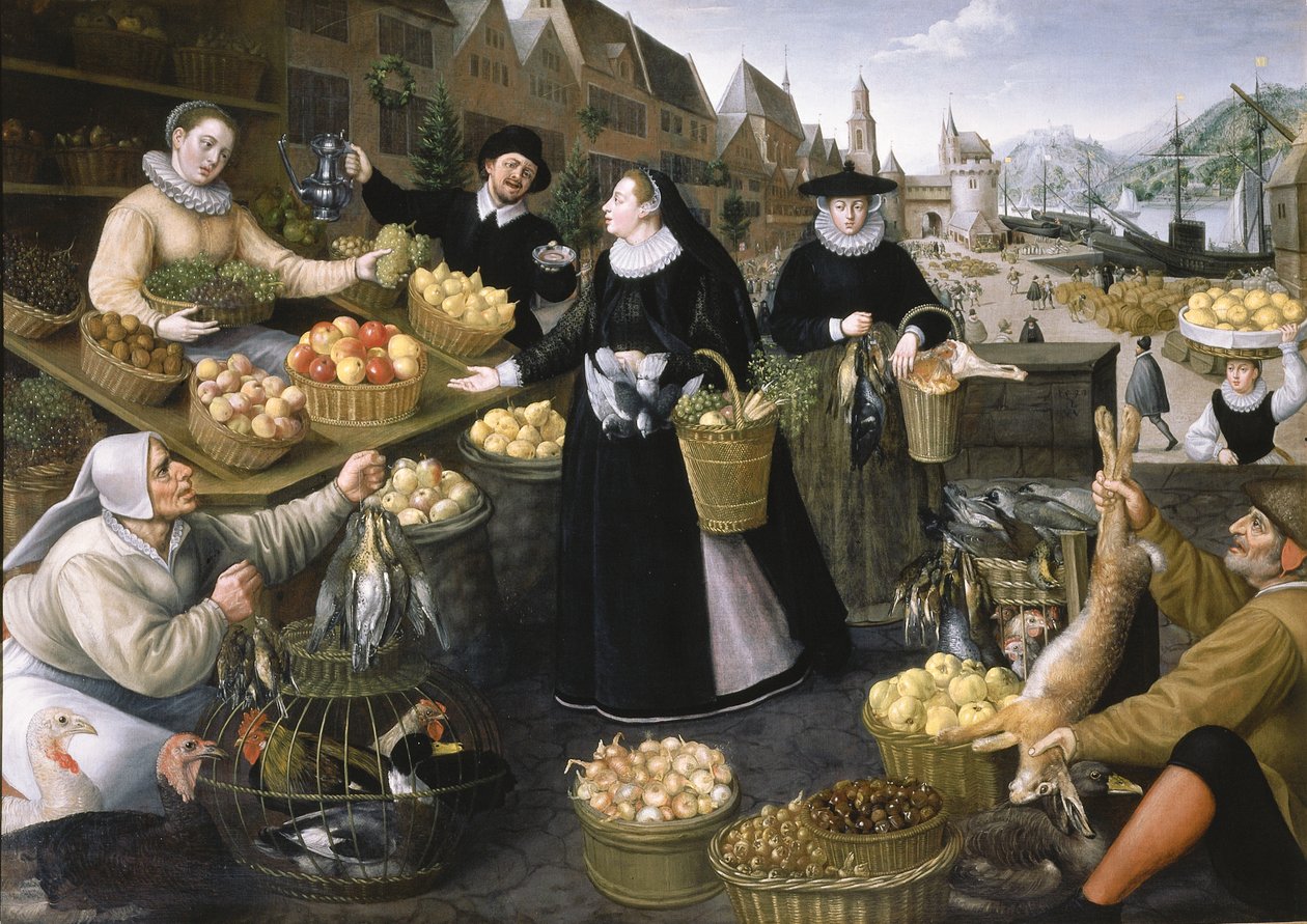 En allegori om efteråret: en frugt- og grøntsagsbod over Weinmarkt i Frankfurt am Main af Georg and Valkenborch Lucas Van Flegel