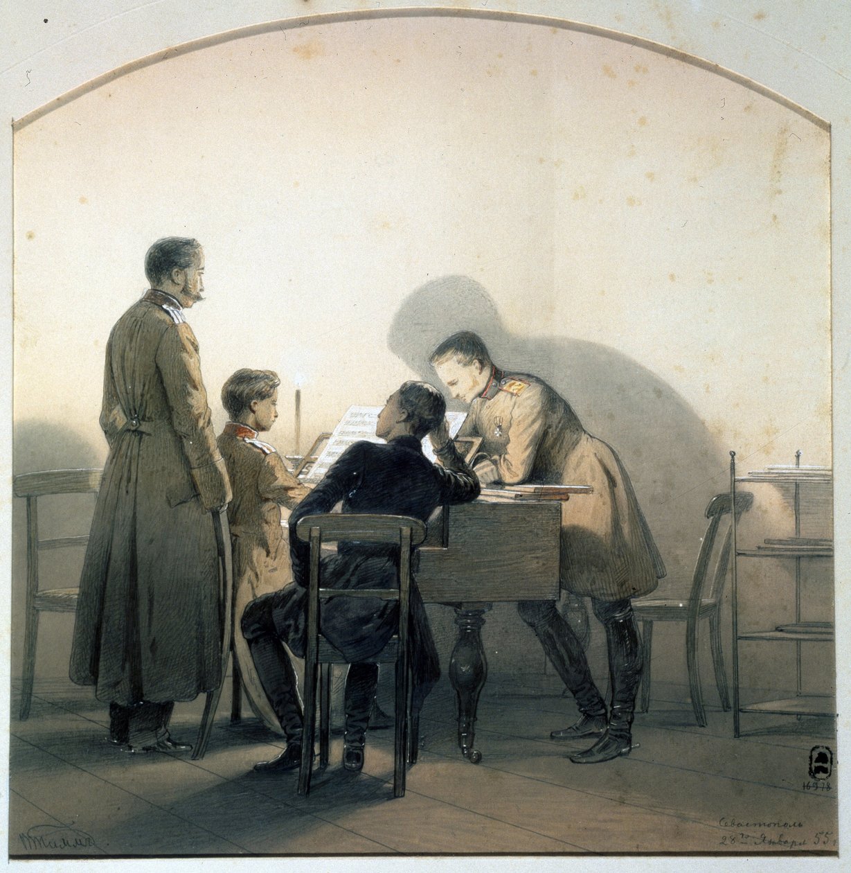 Ved klaveret (Ved klaveret). Russiske soldater spillede klaver under Krimkrigen. Maleri af George Wilhelm Timm (1820-1895). Akvarel og blyant på papir, 20,8 x 20,1 cm af Georg Wilhelm Timm