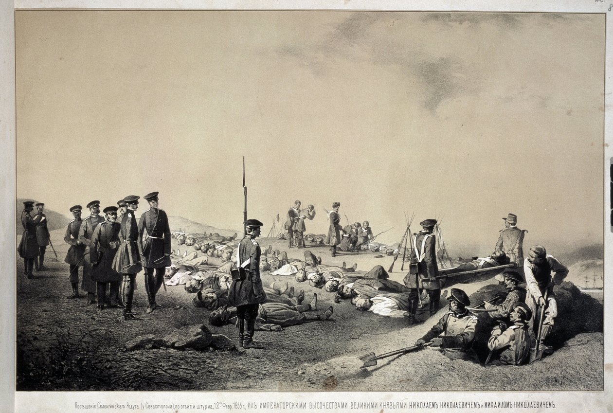 Storhertugerne Nikolai Nikolaievich og Michael Nicolaevich besøger en genopbygning efter angreb den 12. februar 1855 (litografi) af Georg Wilhelm Timm