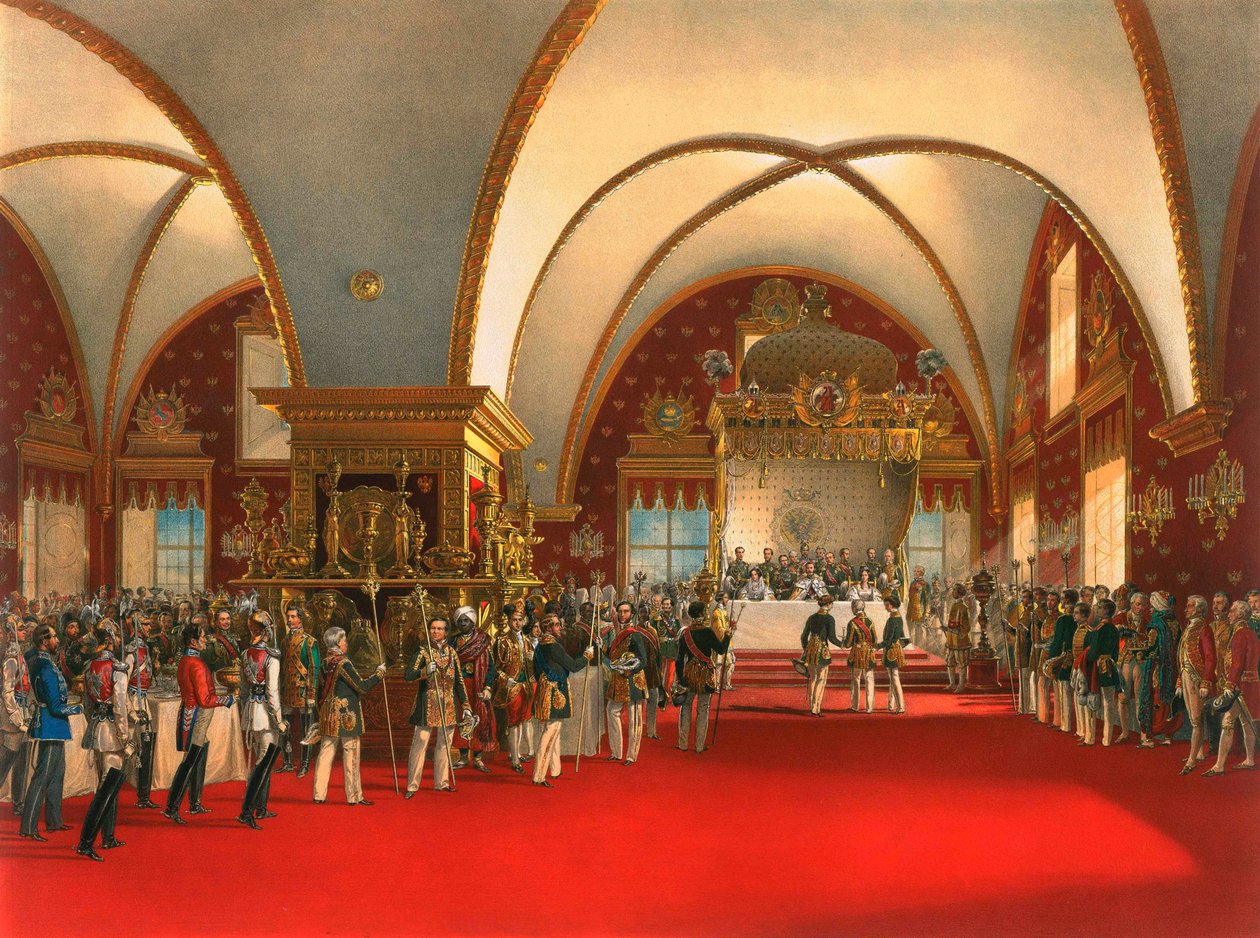 Kroningsbanket i hallen til Facetpaladset i Kreml i Moskva, 1856. af Georg Wilhelm Timm