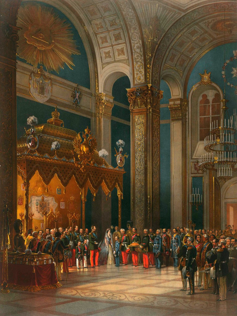 Hyldest af kosakofficerer i tronsalen, kroning af zar Alexander II, Moskva, 1856. af Georg Wilhelm Timm