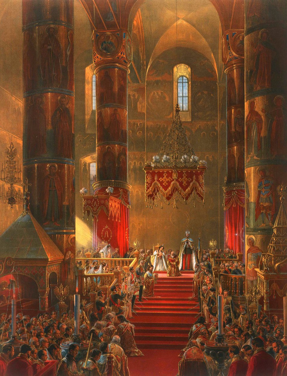 Metropolitan genuflerer ved kroningsceremonien af zar Alexander II, Moskva, 1856. af Georg Wilhelm Timm