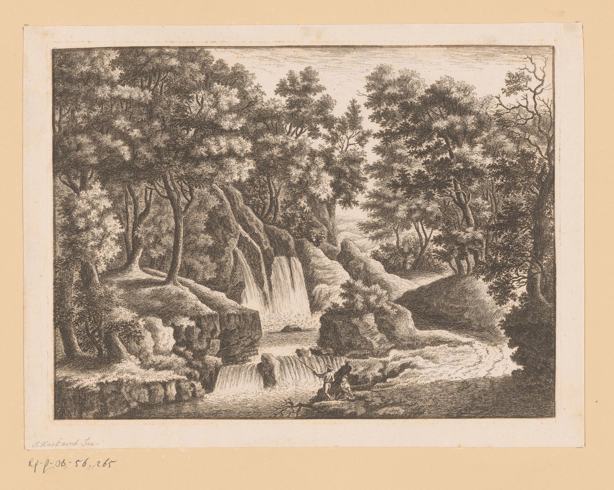 Vandfald i skov med to fiskere i forgrunden af Georg Wolfgang Knorr (possibly)