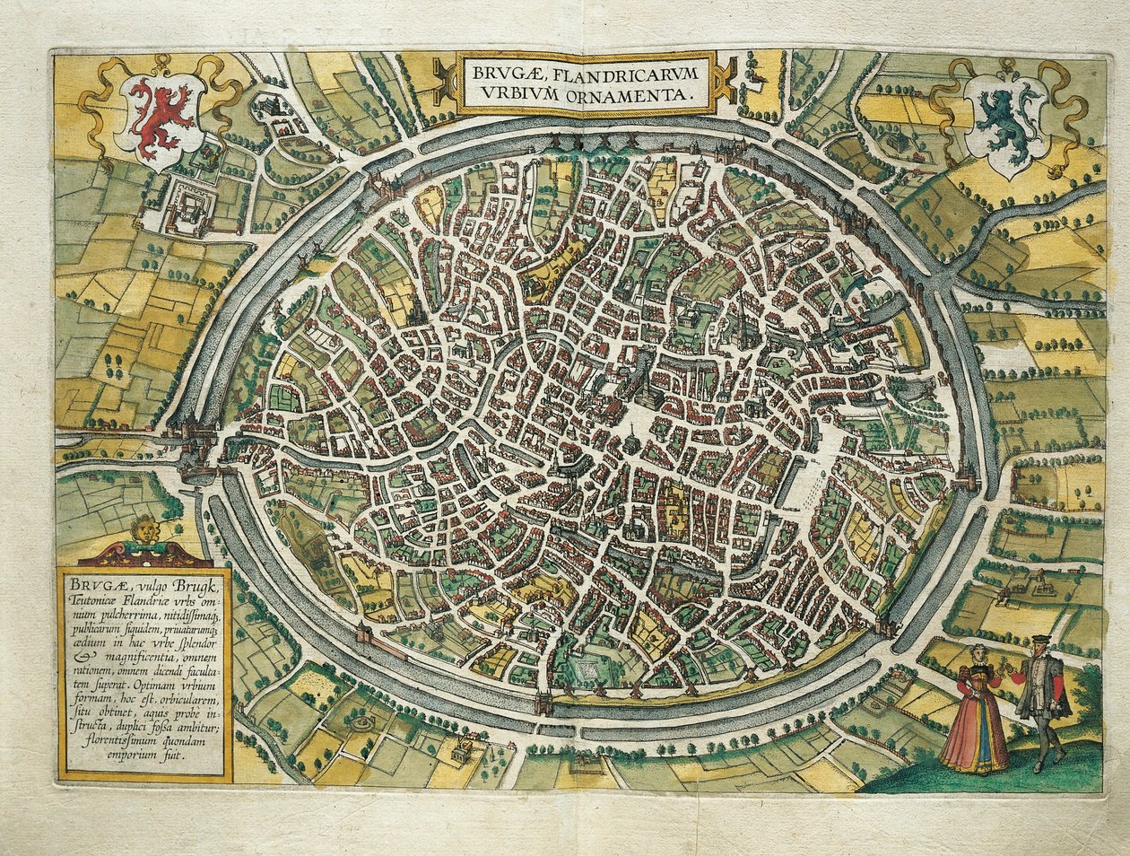 Belgien, Brugge-kort fra Verdensbyer af Georg Braun (1541-1622) og Franz Hogenberg (1540-1590), Köln, gravering af Georg Braun and Hogenberg Franz
