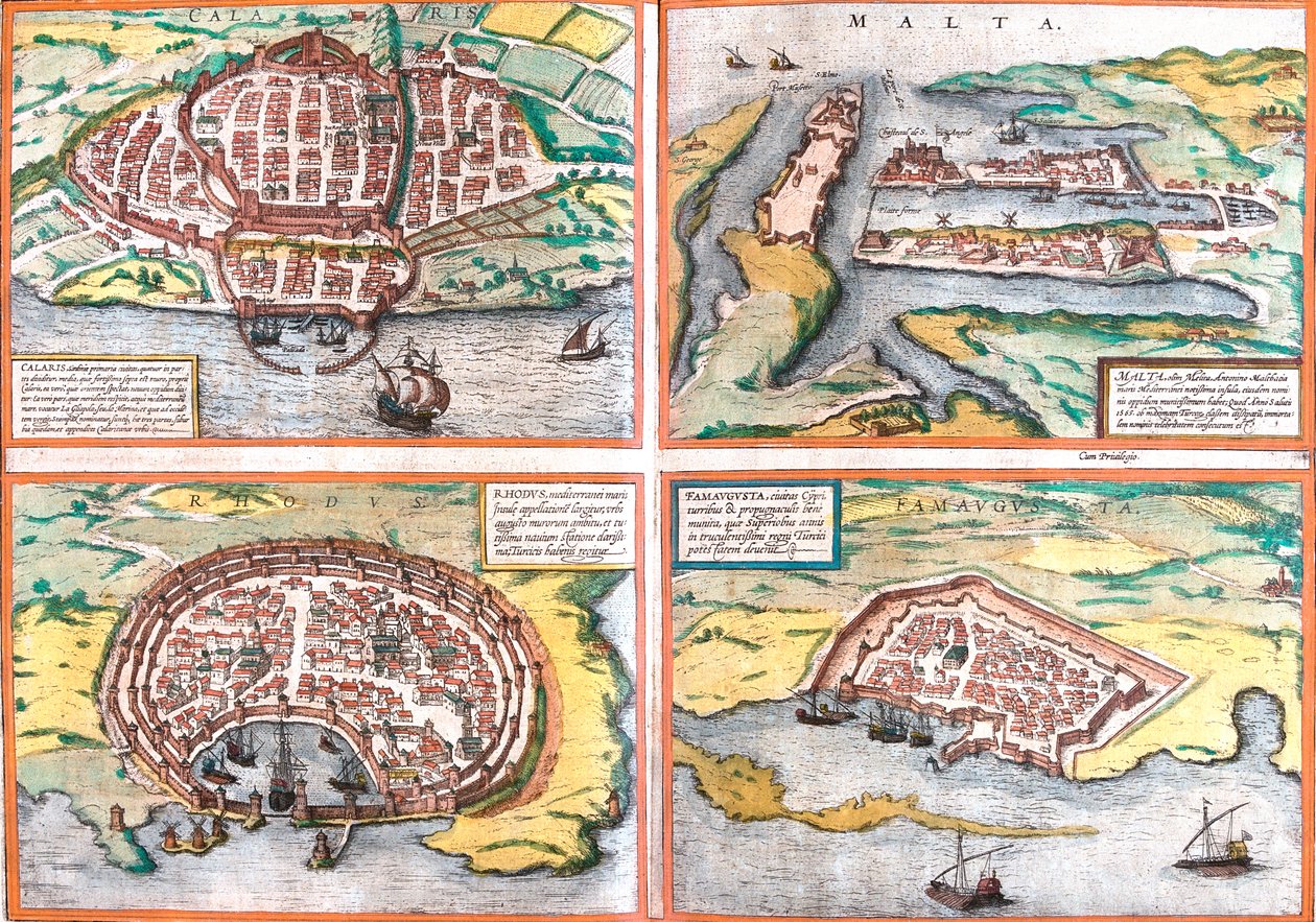 Cagliari, Malta, Rhodos, Famagusta, Italien, Malta, Grækenland, Cypern af Georg and Hogenberg Franz (1535 90) Braun