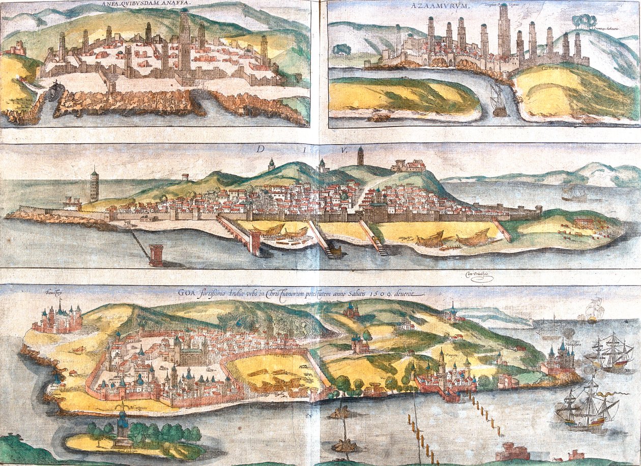 Casablanca, Azemmour, Diu, Goa, Marokko, Indien af Georg and Hogenberg Franz (1535 90) Braun