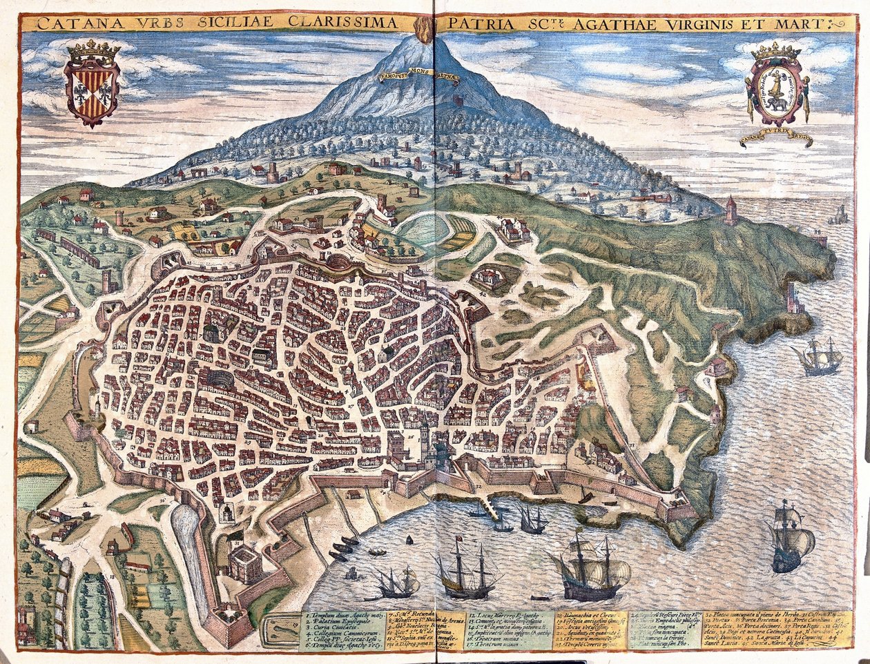 Catania, med Etna i baggrunden, Sicilien, Italien (gravering af Georg Braun and Hogenberg Franz