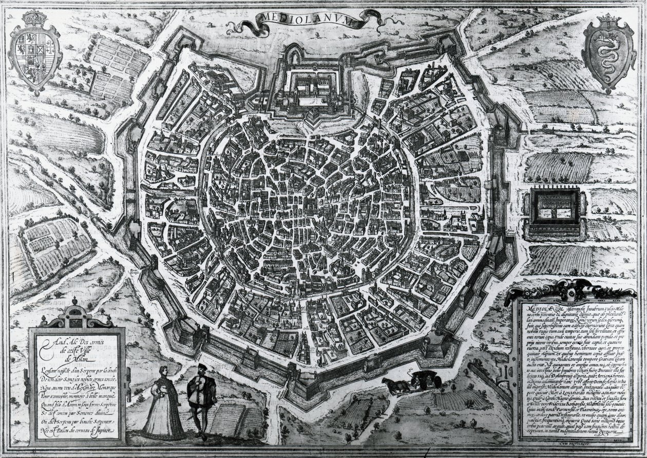 Bykort over Milano, i 1572, af Antonio Lafreri (1512-1577), udgivet af Georg Braun og Franz Hogenberg, Italien af Georg Braun and Hogenberg Franz