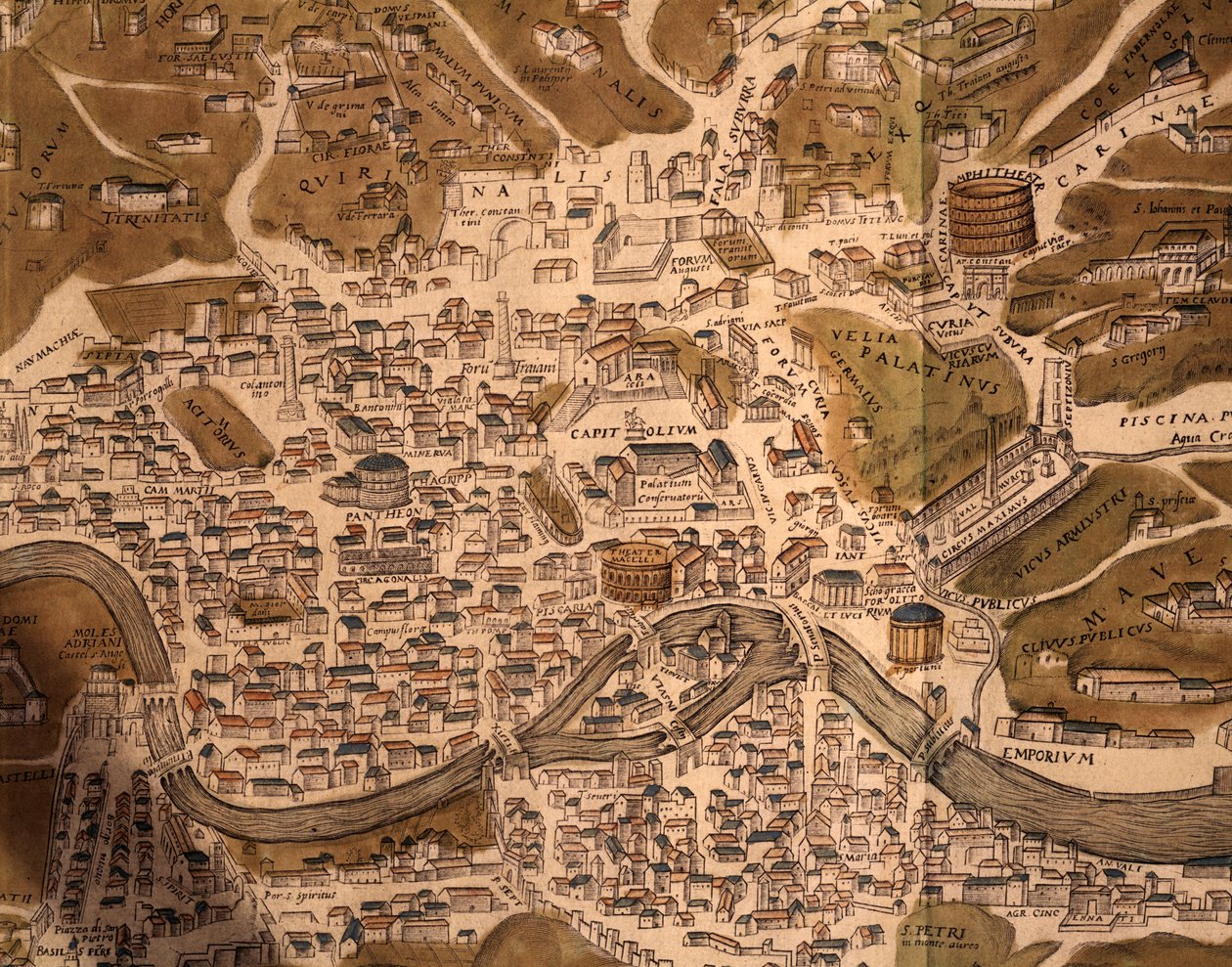 Byen Rom, kortplade, detalje fra Civitates orbis terrarum, Cities of World, af Georg Braun (1541-1622) og Franz Hogenberg (1535-1590), aktiv i Köln, gravering, Italien af Georg Braun and Hogenberg Franz