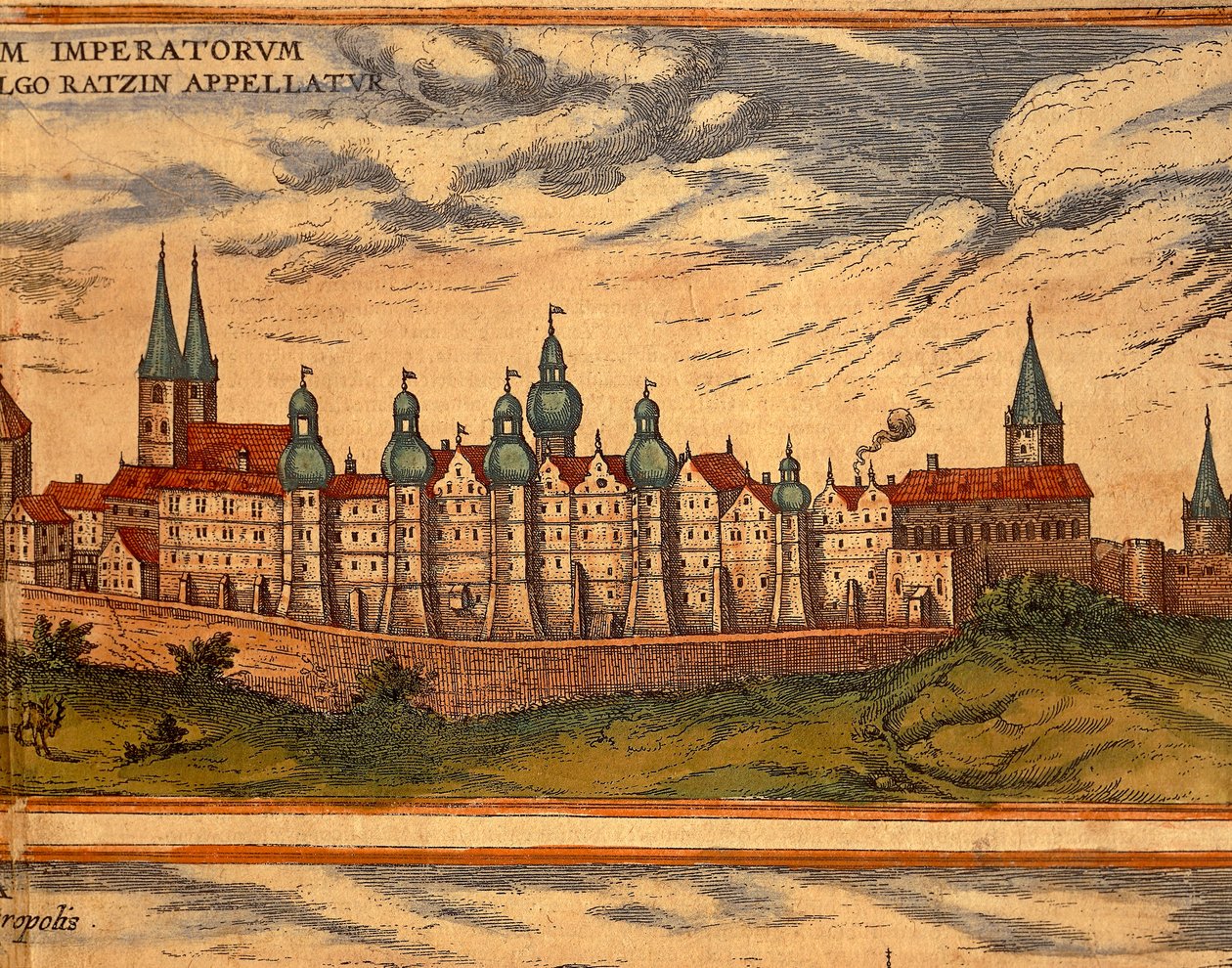 Tjekkiet, Prag, Udsigt over paladset, farvegravering fra Civitates Orbis Terrarum af Georg Braun (1541-1622) og Franz Hogenberg (1535-1590) af Georg Braun and Hogenberg Franz