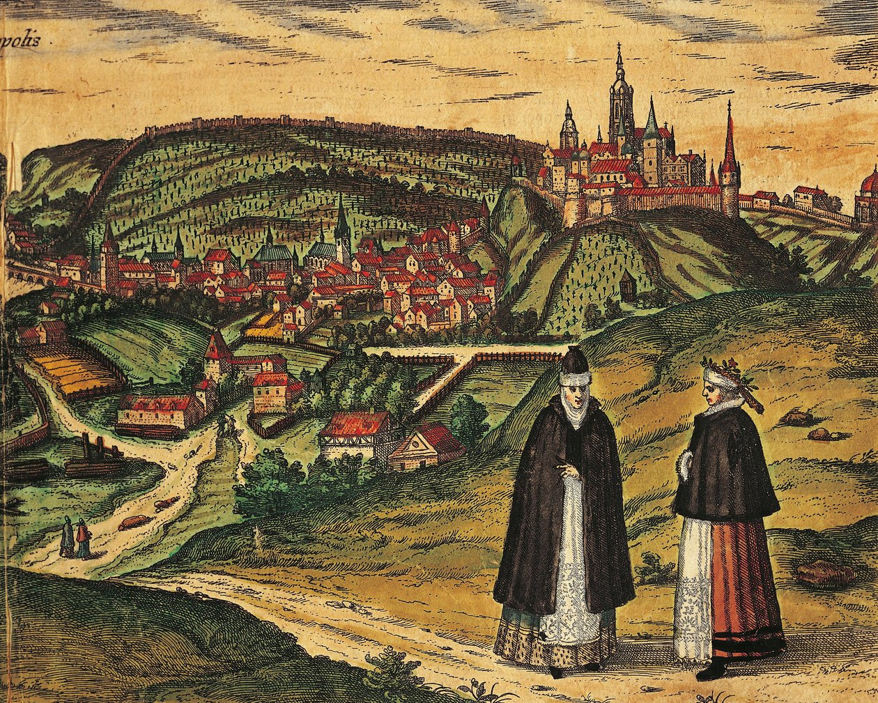 Tjekkiet, Prag, Udsigt over byen med citadellet i baggrunden, farvegravering fra Civitates Orbis Terrarum af Georg Braun (1541-1622) og Franz Hogenberg (1535-1590) af Georg Braun and Hogenberg Franz