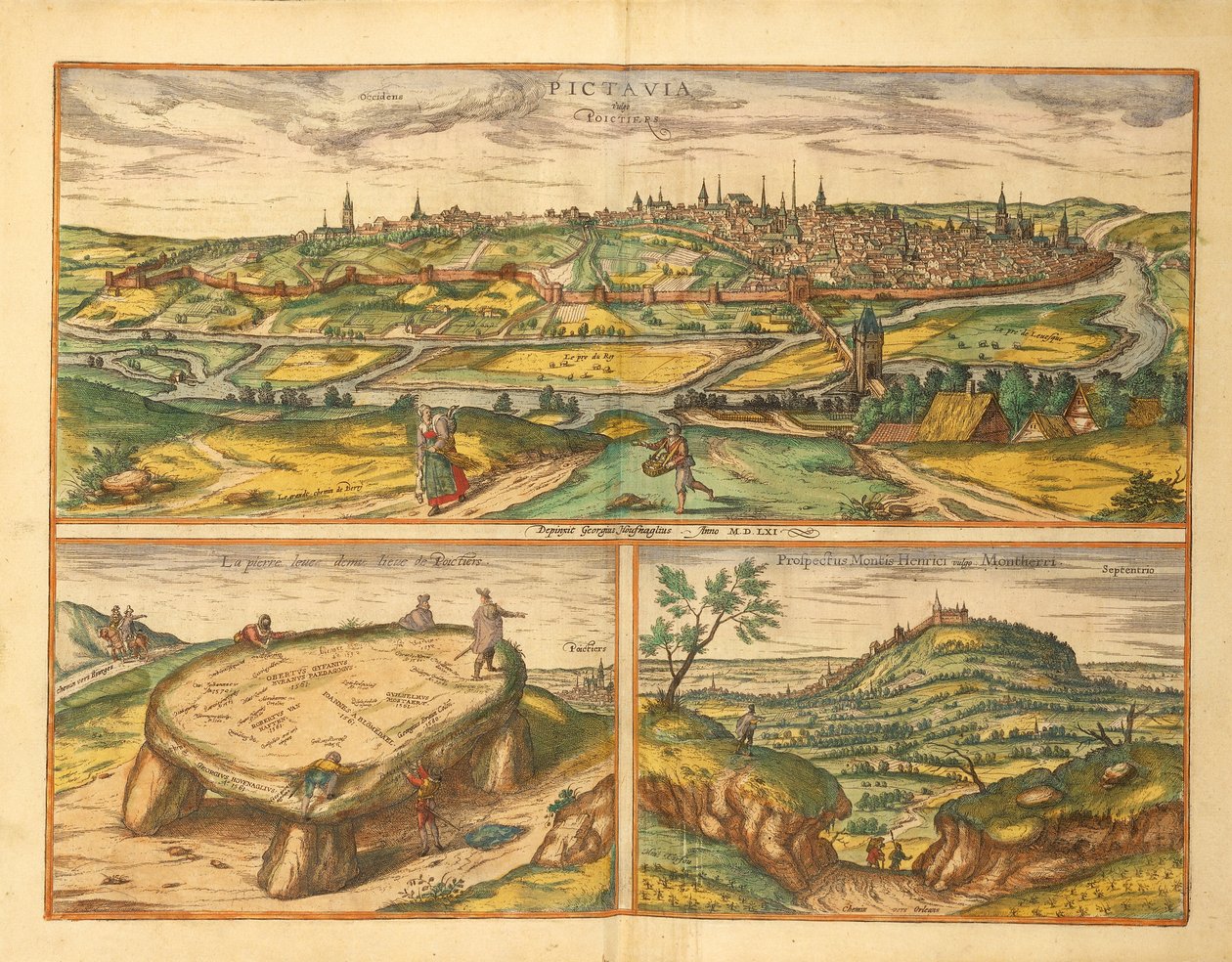 Dolmen nær Poitiers og byen Poitiers og Montherre fra Civitates Orbis Terrarum af Georg Braun af Georg Braun and Hogenberg Franz