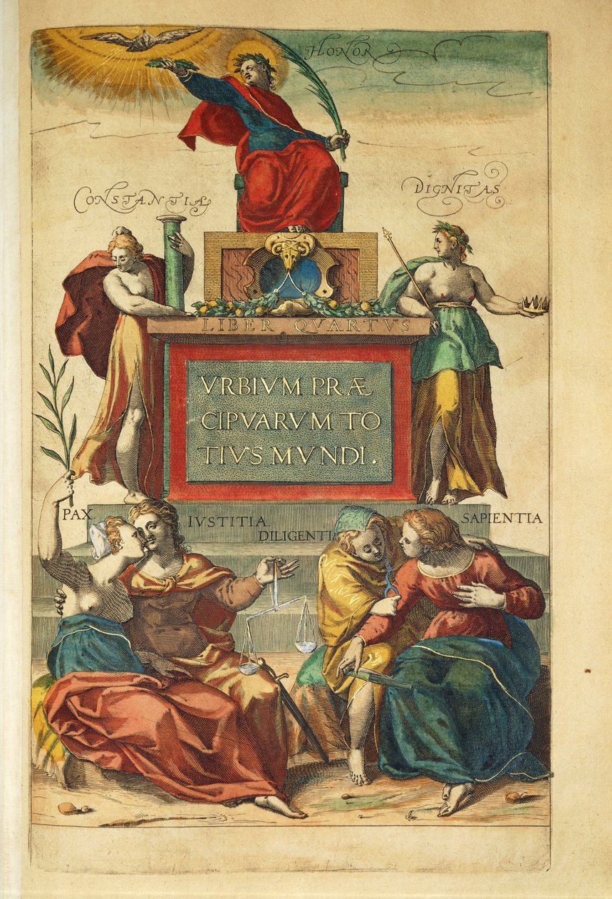 Frontispice af bind IV, der forestiller allegoriske figurer fra USA af Georg Braun af Georg Braun and Hogenberg Franz