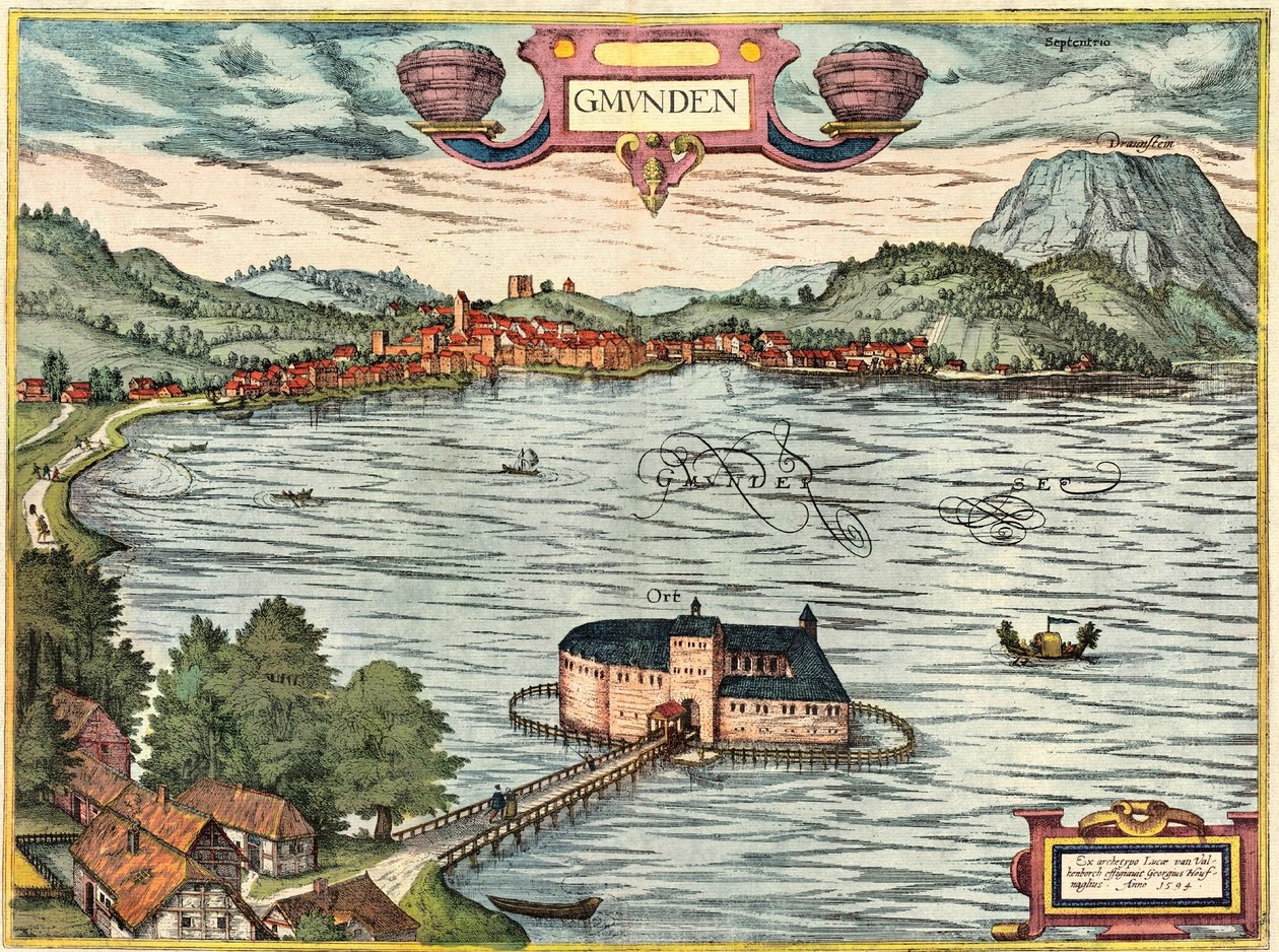 Gmunden, Østrig af Georg and Hogenberg Franz (1535 90) Braun