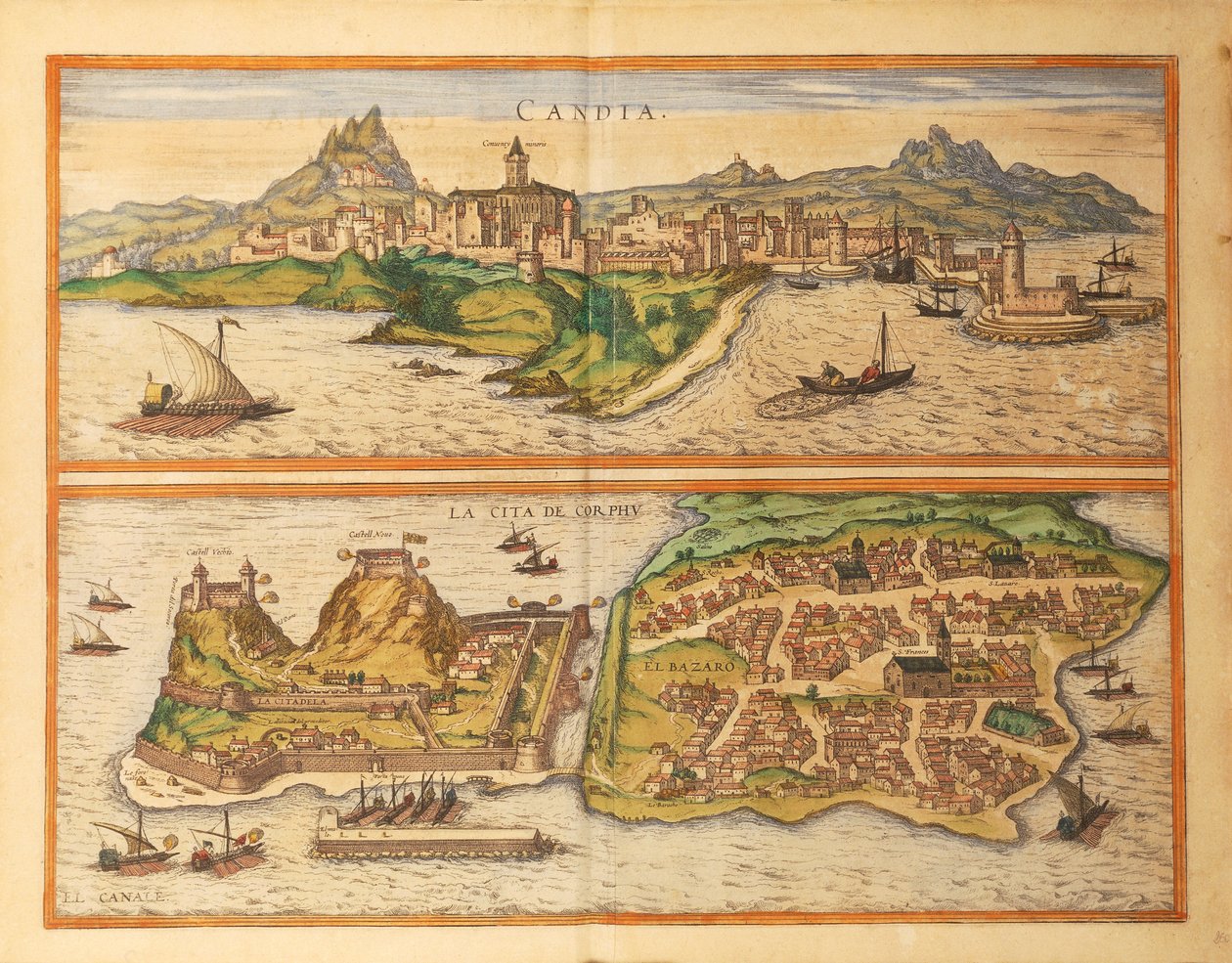 Heraklion, Candia og Korfu fra Cities of the World af Georg Braun af Georg Braun and Hogenberg Franz