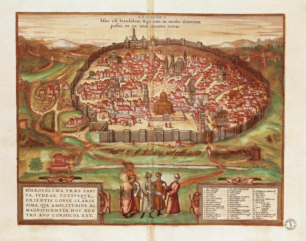 Israel og Palæstina, Jerusalem, af Georg Braun og Franz Hogenberg, fra Civitates Orbis Terrarum, farvegravering af Georg Braun and Hogenberg Franz