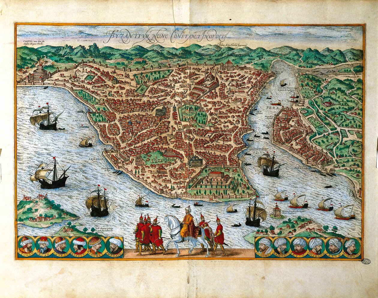 Italien, Milano, Perspektiv af byen Constantinpole af Georg Braun (1541-1622) og Franz Hogenberg (1535-1590), farvegravering af Georg Braun and Hogenberg Franz