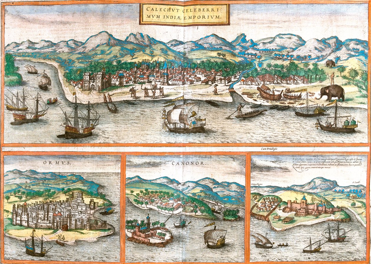 Kozhikode, Hormuz Island, Kannur, Elmina, Indien, Iran, Ghana af Georg and Hogenberg Franz (1535 90) Braun