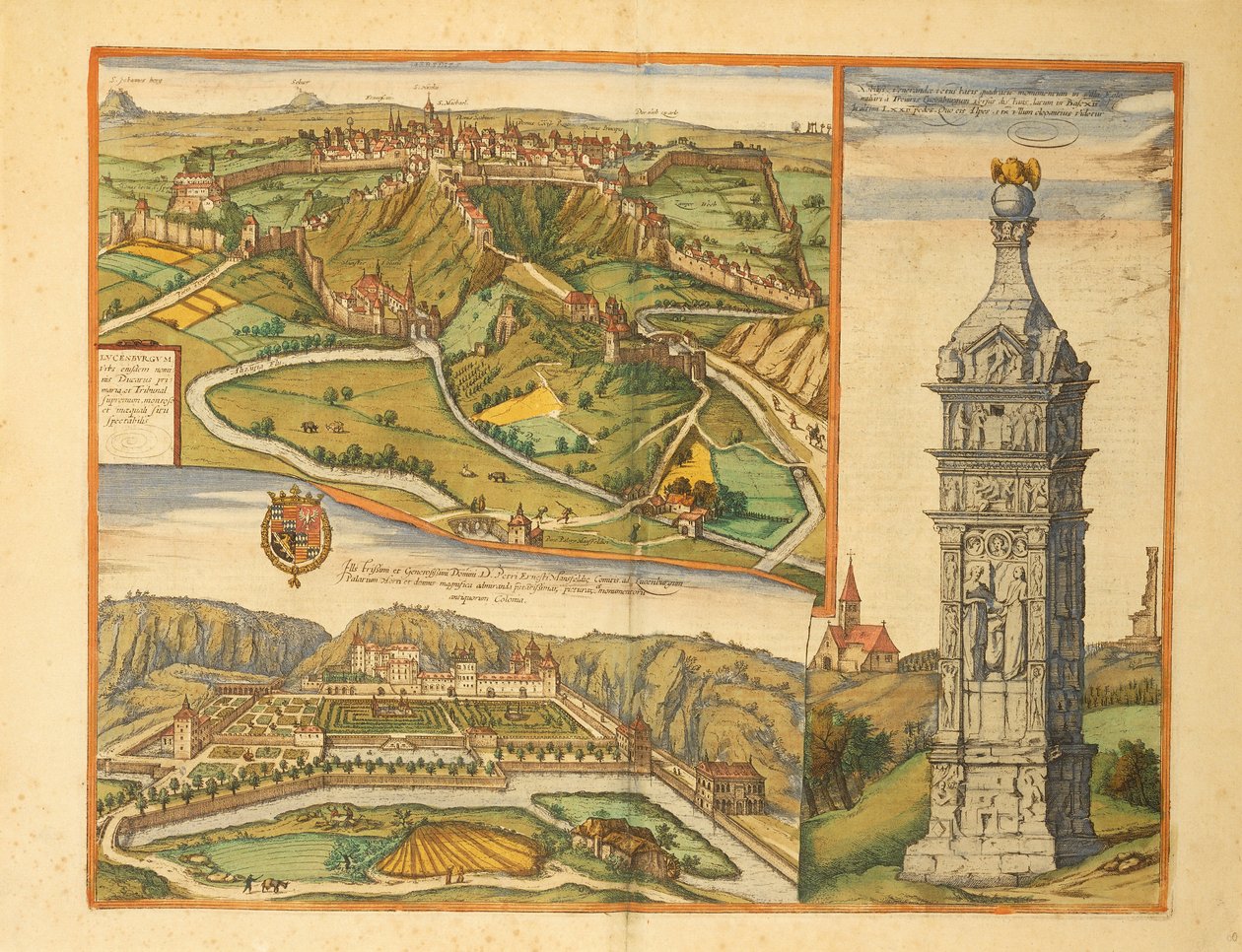 Luxembourg by, storhertugpaladset og stenmonumentet fra Civitates Orbis Terrarum af Georg Braun af Georg Braun and Hogenberg Franz