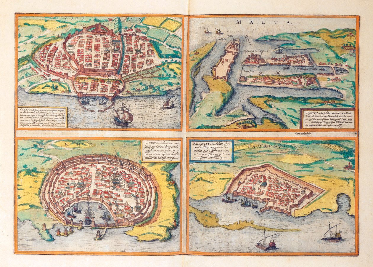 Kort over Cagliari, Malta, Rhodos og Famagusta fra verdensbyer af Georg Braun af Georg Braun and Hogenberg Franz