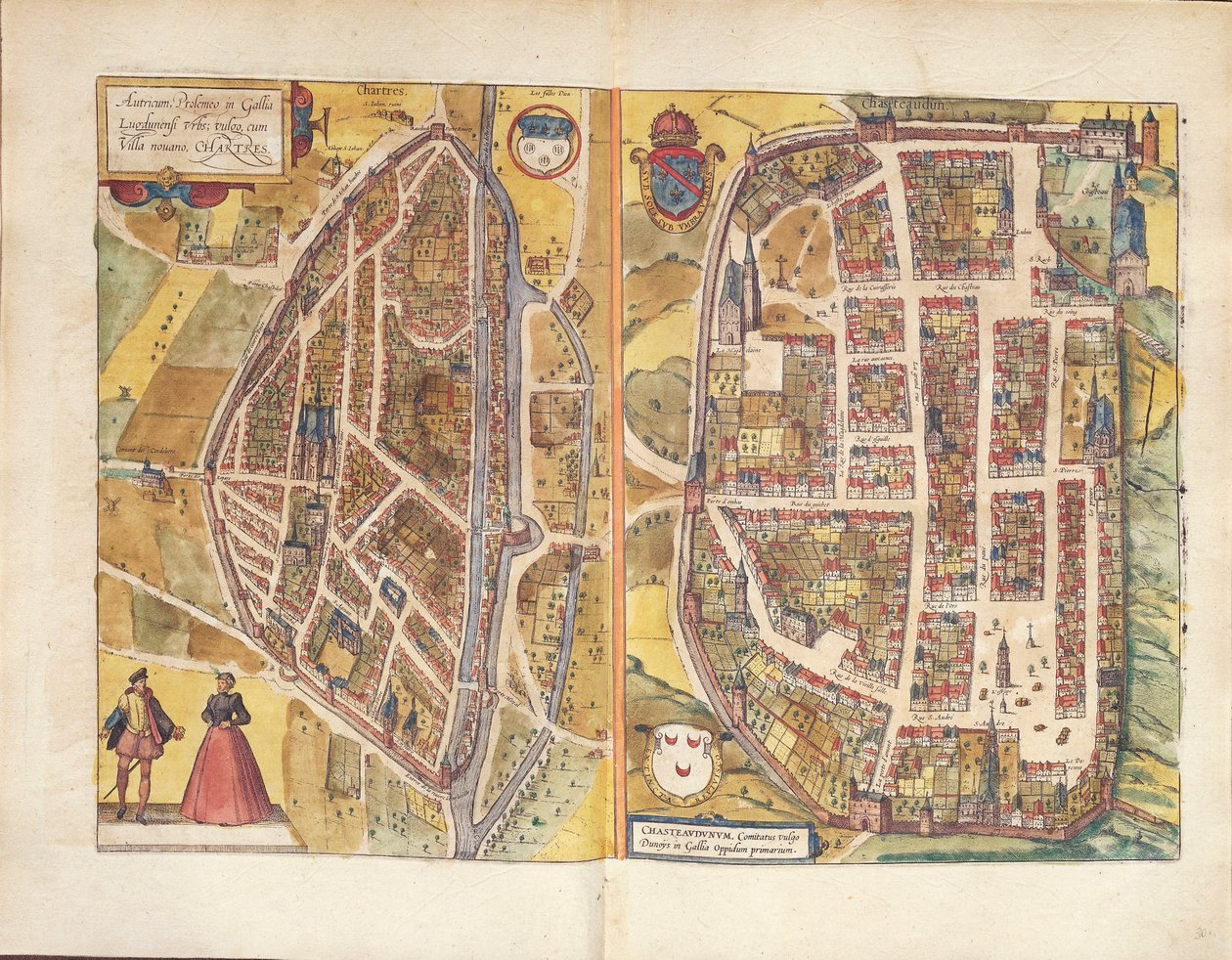 Kort over Chateaudun og Chartres, Frankrig, fra Civitates Orbis Terrarum af Georg Braun af Georg Braun and Hogenberg Franz