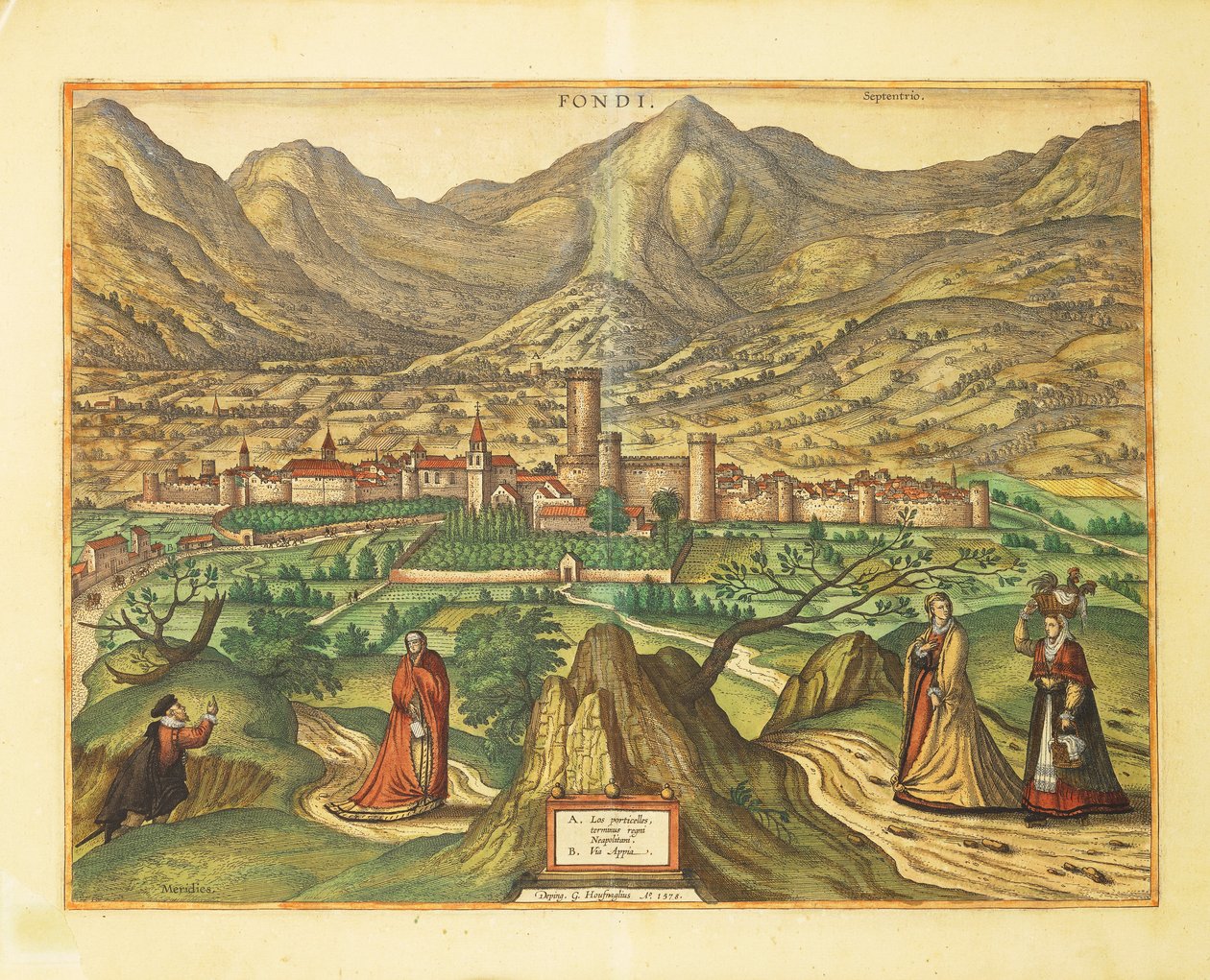 Kort over Fondi, Lazio-regionen fra World Cities af Georg Braun af Georg Braun and Hogenberg Franz