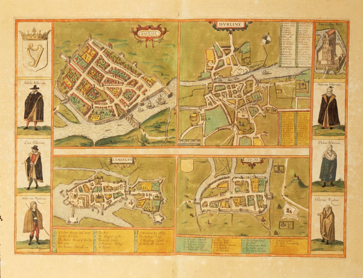 Kort over Galway, Dublin, Limerick og Cork fra Civitates Orbis Terrarum af Georg Braun af Georg Braun and Hogenberg Franz